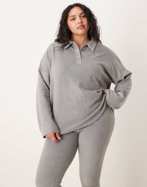 ASOS DESIGN Curve – Mieszaj i łącz – Jasnoszary, lekki zestaw odzieży domowej z polarowym wykończeniem, 2 z 3