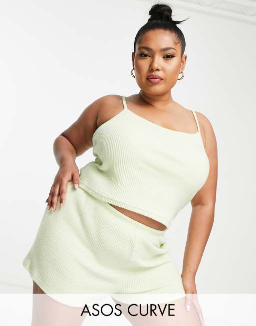 ASOS DESIGN Curve – Mieszaj i łącz – Limonkowe prążkowane szorty od piżamy ze szczotkowanego materiału