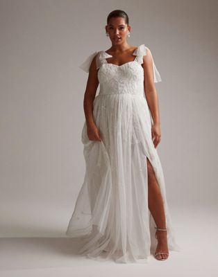 ASOS DESIGN Curve Mila floral embellished mesh wedding dress with tie straps in ivory