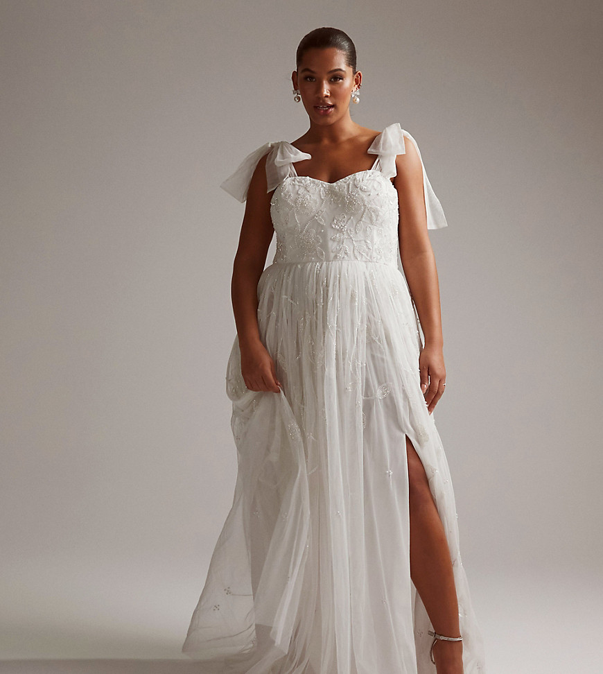 ASOS DESIGN Curve Mila floral embellished mesh wedding dress with tie straps in ivory-White