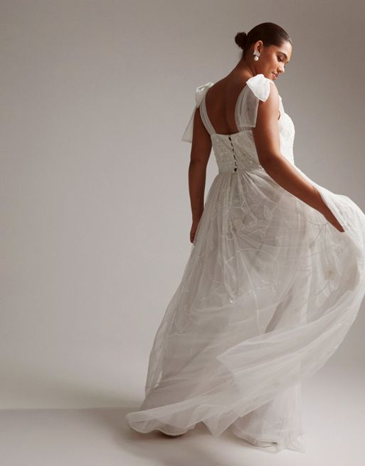 ASOS DESIGN Curve Mila floral embellished mesh wedding dress with tie  straps in ivory