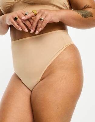 ASOS DESIGN Curve - Mila - Glättender Netzstoff-Tanga in Beige mit hohem Bund-Neutral