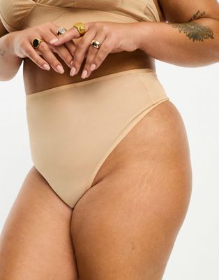 ASOS DESIGN Curve Mila mesh smoothing high-waist thong in beige