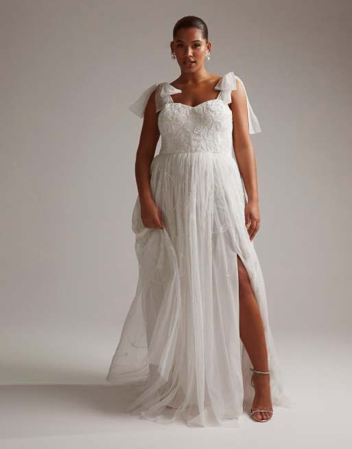 ASOS DESIGN Curve Mila Vestito da sposa in rete color avorio con spalline allacciate e decorazioni floreali