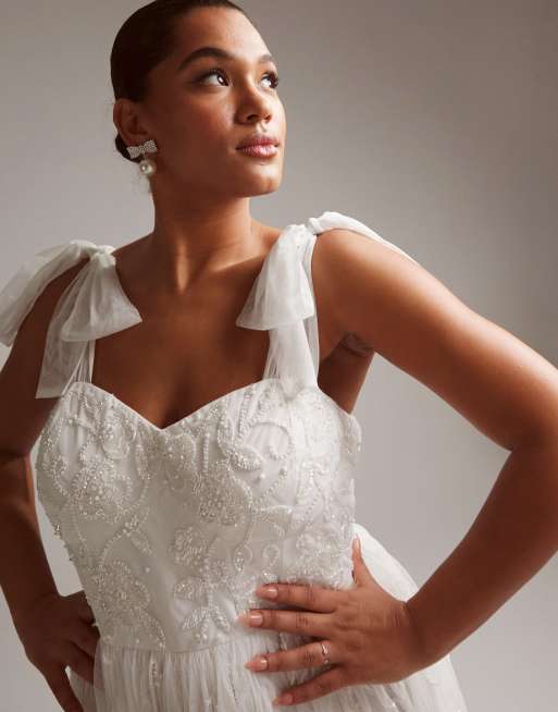 ASOS DESIGN Curve Mila Vestito da sposa in rete color avorio con spalline allacciate e decorazioni floreali