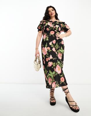 ASOS DESIGN Curve - Milchmädchen-Midikleid mit eckigem Ausschnitt, Bindeband vorne und Rosenmuster-Bunt