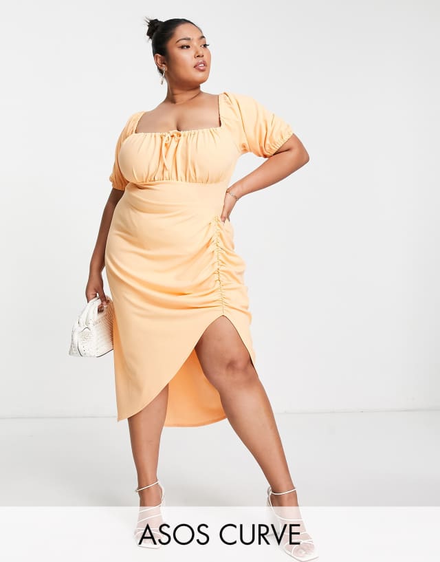 ASOS DESIGN Curve milkmaid neck ruche pencil midi dress in apricot