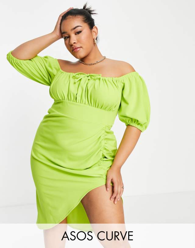 ASOS DESIGN Curve milkmaid neck ruched pencil midi dress in light green