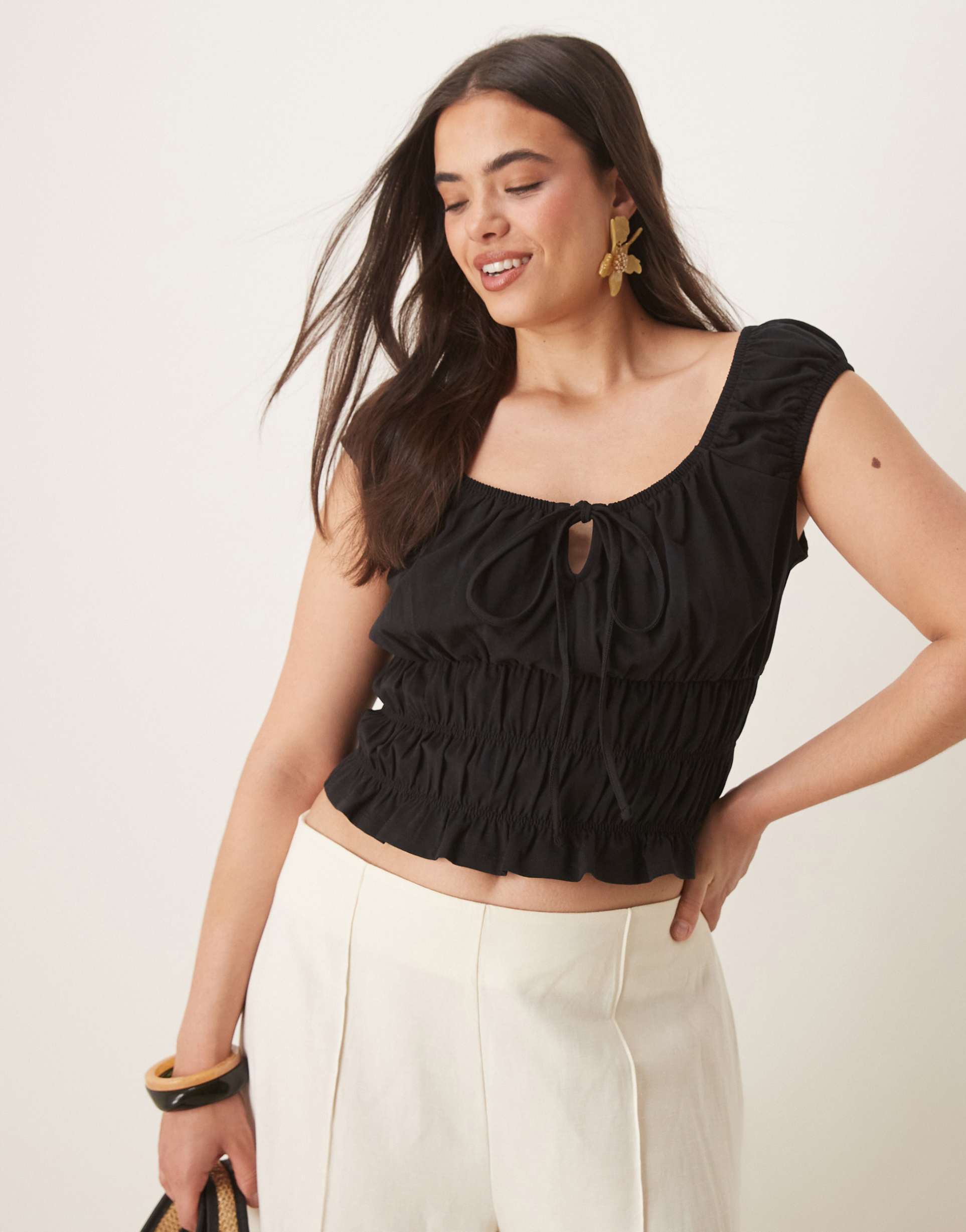 asos design curve milkmaid short sleeve top in black