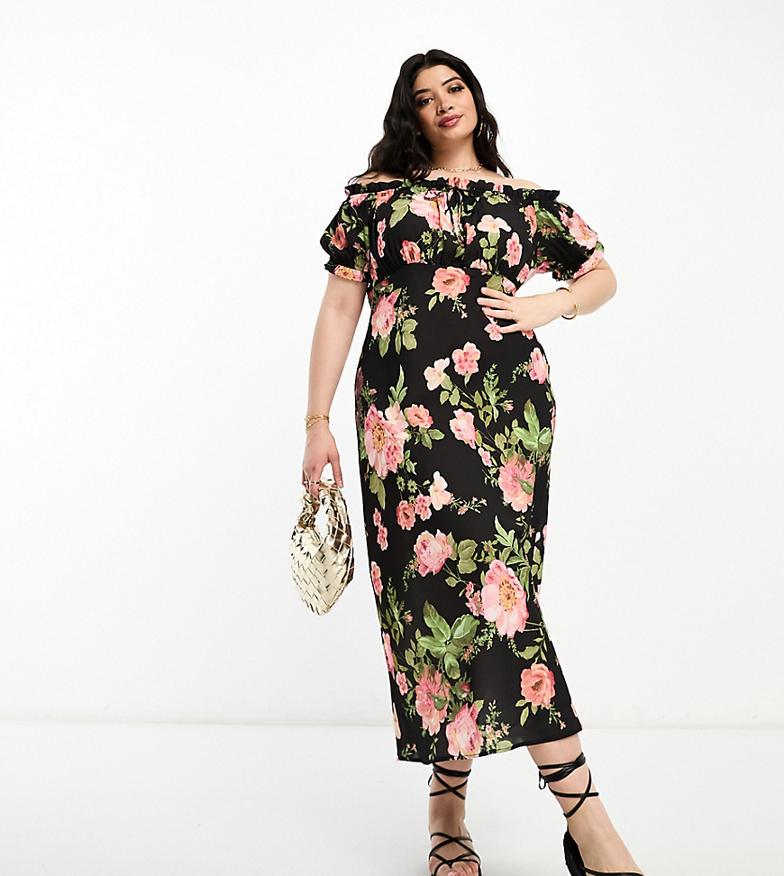 ASOS DESIGN Curve milkmaid square neck midi dress with tie front neck in rose floral-Multi