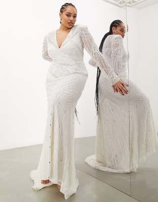 Asos Design Curve - Millie - Elfenbensvit Bröllopsklänning I Maxilängd Med Långa Ärmar Och Konstnärlig Utsmyckning I Vintagestil Med Paljetter Och Pärlor-Vit/A