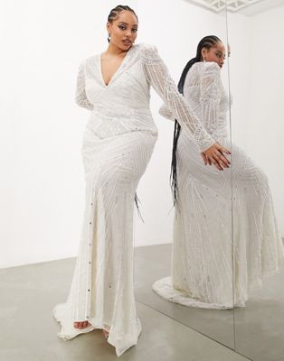ASOS DESIGN Curve Millie long sleeve vintage artwork sequin and bead maxi wedding dress in ivory