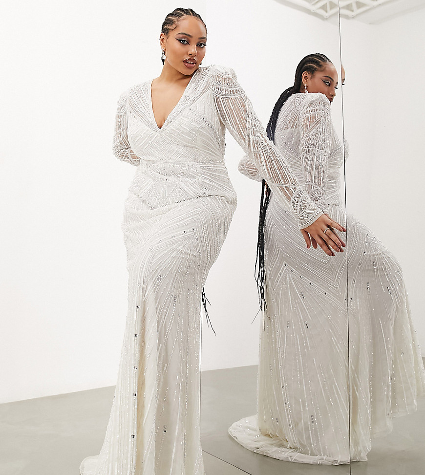 ASOS DESIGN Curve Millie long sleeve vintage artwork sequin and bead maxi wedding dress in ivory-White