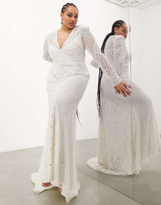 ASOS DESIGN Curve Millie Maxi trouwjurk met lange mouwen en vintage versiering van lovertjes en kralen in ivoorwit ASOS