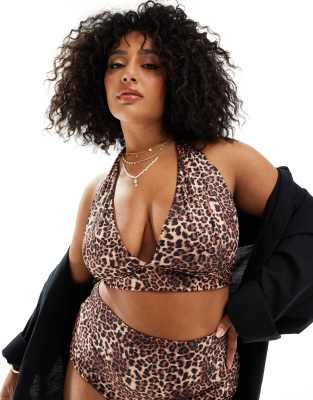 Asos Curve Asos Design Curve Mindy High Apex Halter Triangle Bikini Top In Leopard-multi