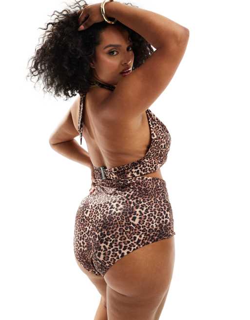 ASOS DESIGN Curve Mindy high apex halter triangle bikini top in leopard, 3 of 4