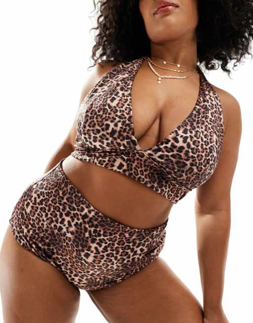 ASOS DESIGN Curve Mindy high apex halter triangle bikini top in leopard, 4 of 4