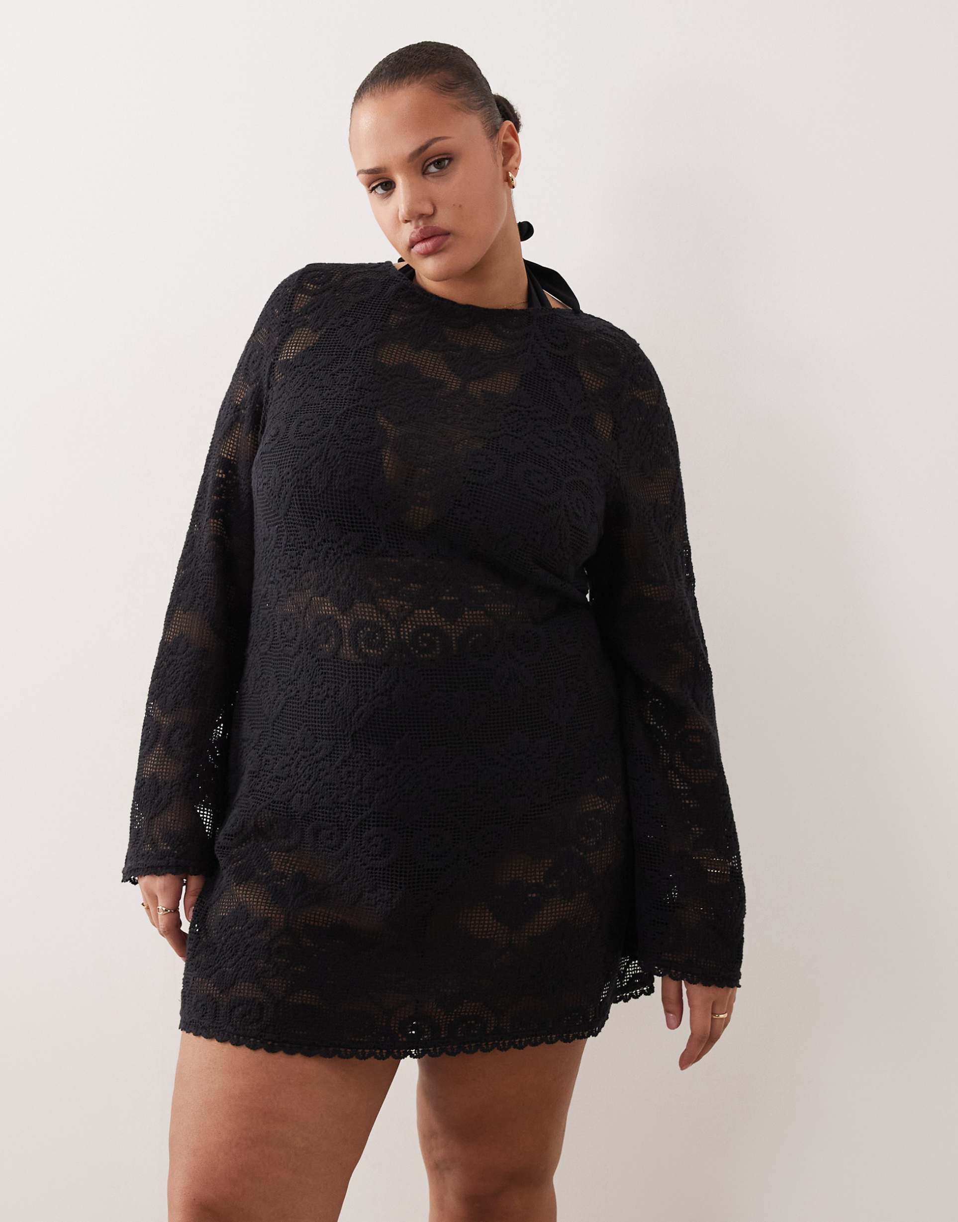 asos design curve minette beach crochet lace mini dress in black