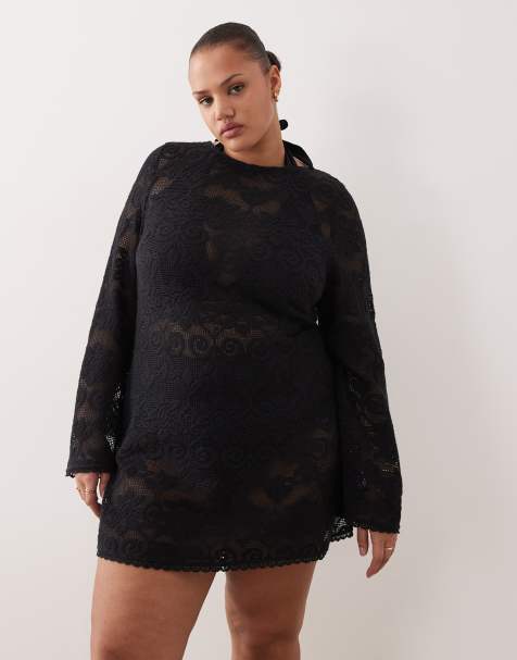 ASOS DESIGN Curve Minette beach crochet lace mini dress in black