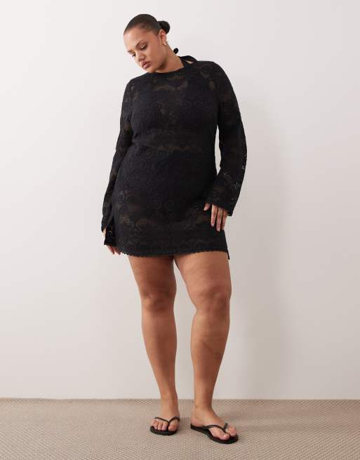 ASOS DESIGN Curve Minette beach crochet lace mini dress in black, 2 of 4