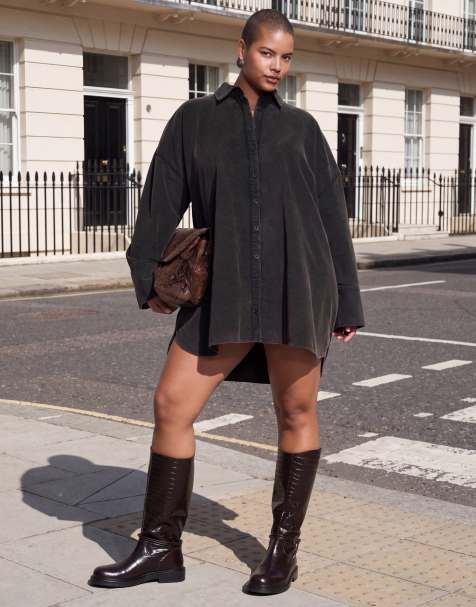 ASOS DESIGN Curve mini abito camicia oversize in corduroy nero slavato - view 1