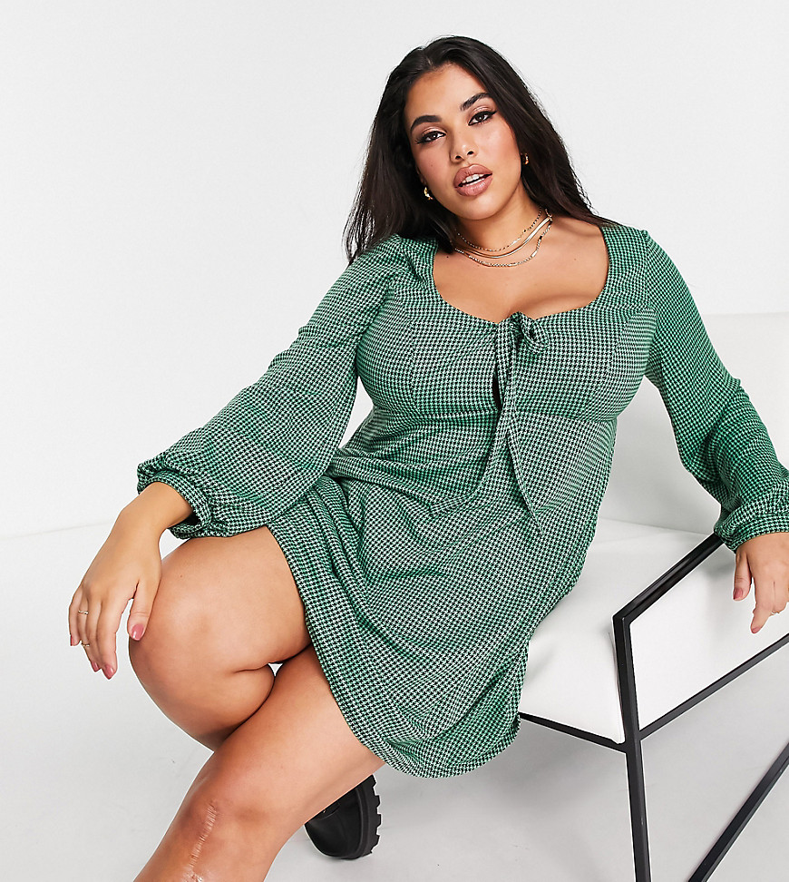 ASOS DESIGN Curve mini babydoll dress with tie detail and long sleeve in green and black houndstooth print