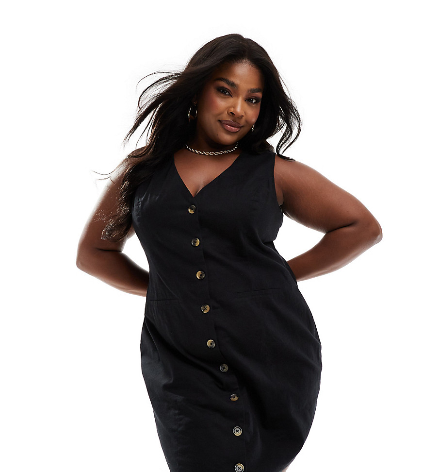 ASOS DESIGN Curve mini button through linen waistcoat dress in black