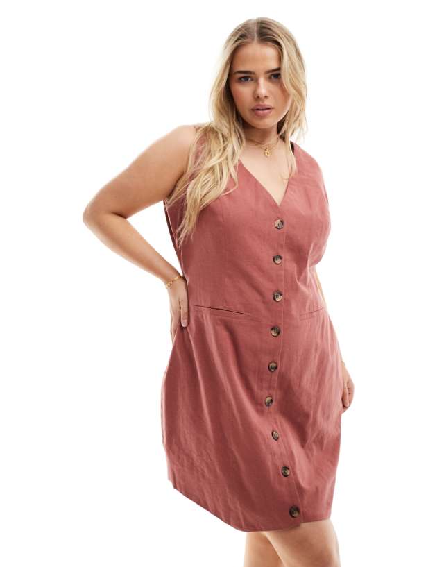 ASOS Curve - ASOS DESIGN Curve mini  button through linen waistcoat dress in tobacco