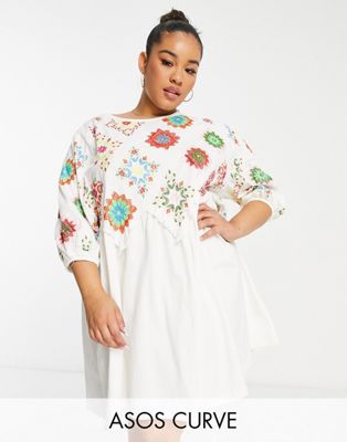 ASOS DESIGN Curve mini crochet embroidered smock dress with puff sleeves in cream - ASOS Price Checker