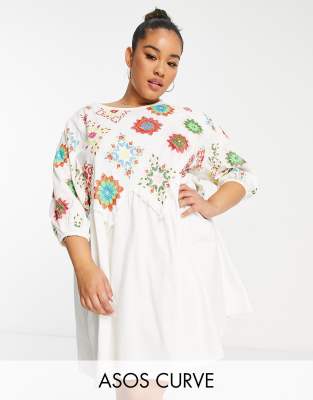 ASOS DESIGN Curve mini crochet embroidered smock dress with puff sleeves in cream - ASOS Price Checker