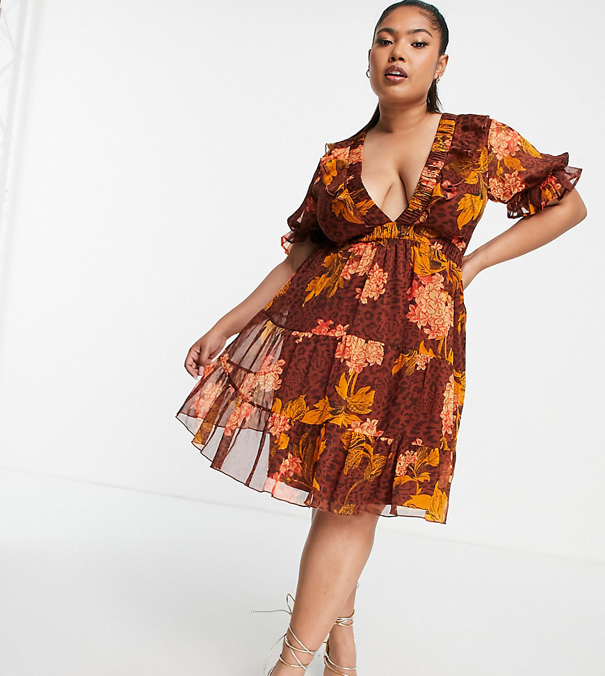 ASOS DESIGN Curve mini dress in floral and animal mix print with lace up back detail-Multi