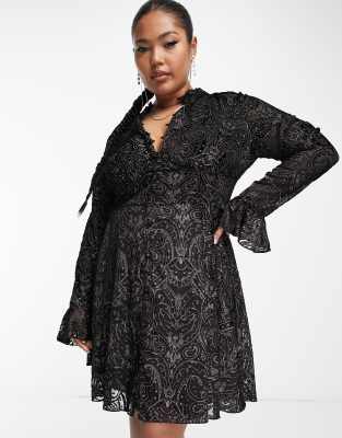 ASOS DESIGN Curve mini dress with button front detail in velvet burnout in black