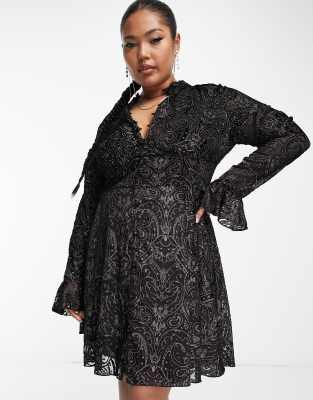 Asos Curve Asos Design Curve Mini Dress With Button Front Detail In Velvet Burnout In Black