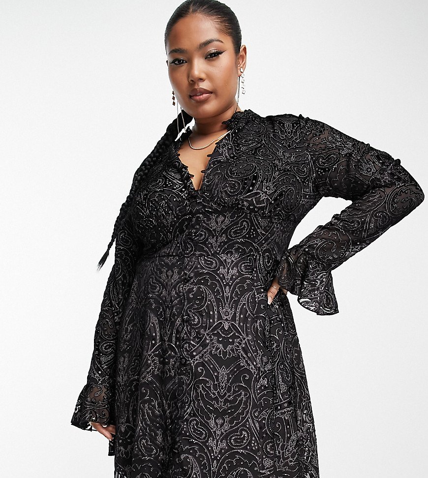 ASOS DESIGN Curve mini dress with button front detail in velvet devoree in black