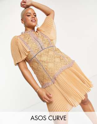 ASOS DESIGN Curve mini dress with contrast lace trims and pleated cape sleeve