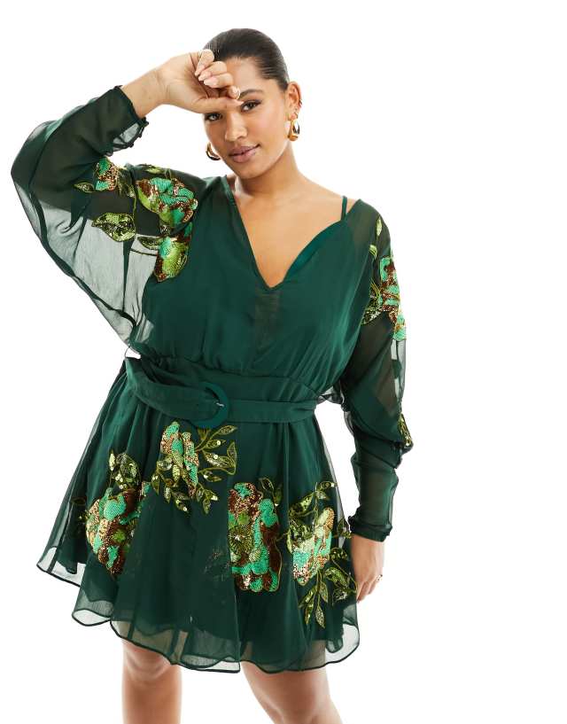 ASOS Curve - ASOS DESIGN Curve mini dress with floral embellishment and godet skirt with belt in green