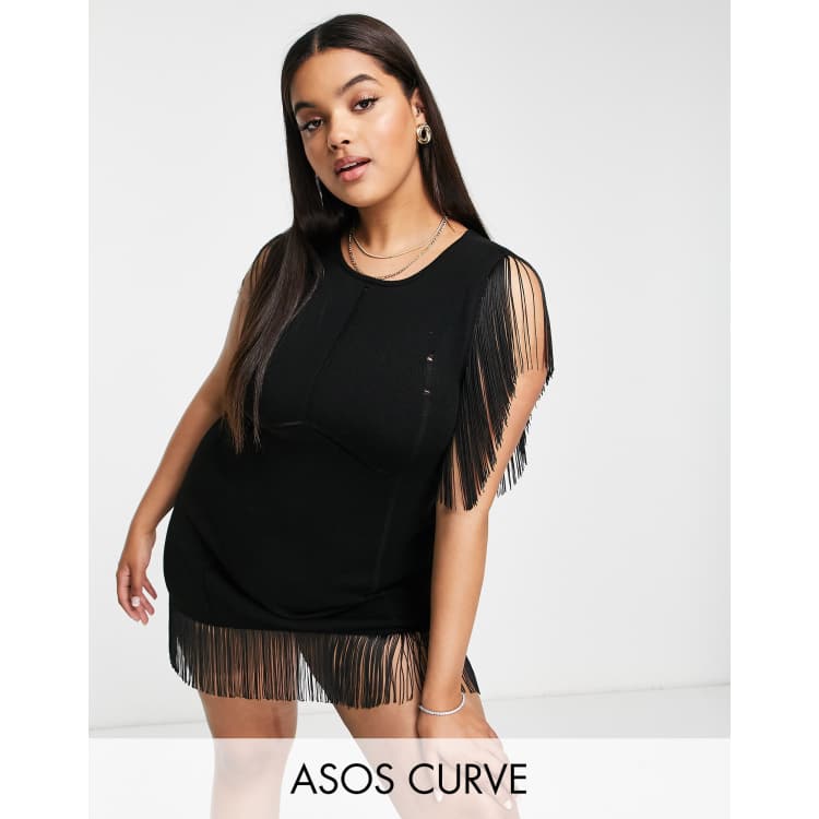 ASOS DESIGN Curve mini dress with fringe detail in black