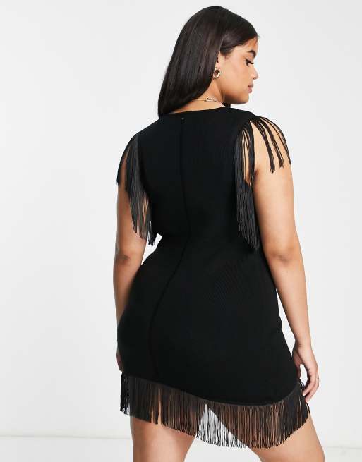 ASOS DESIGN Curve mini dress with fringe detail in black