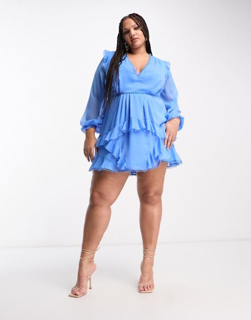 ASOS DESIGN Curve mini dress with long sleeve and circle trim in blue, 4 of 4