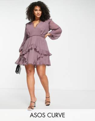 Shop Asos Design Curve Mini Dress With Long Sleeve And Circle Trim In Mauve-red