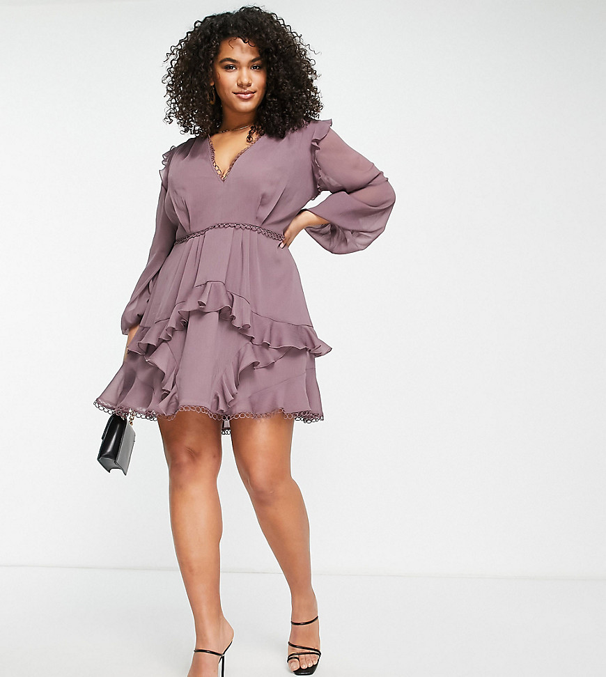 Shop Asos Design Curve Mini Dress With Long Sleeve And Circle Trim In Mauve-red