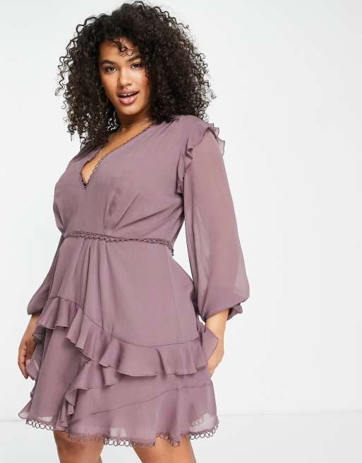 ASOS DESIGN Curve mini dress with long sleeve and circle trim in mauve |  ASOS