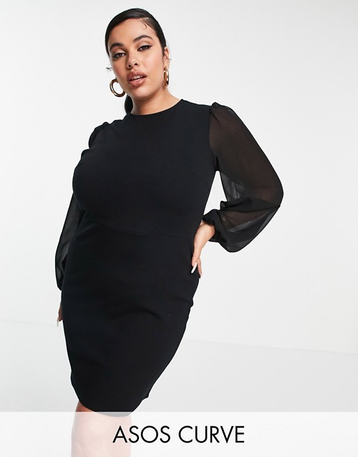 ASOS DESIGN Curve mini dress with sheer long sleeves in black