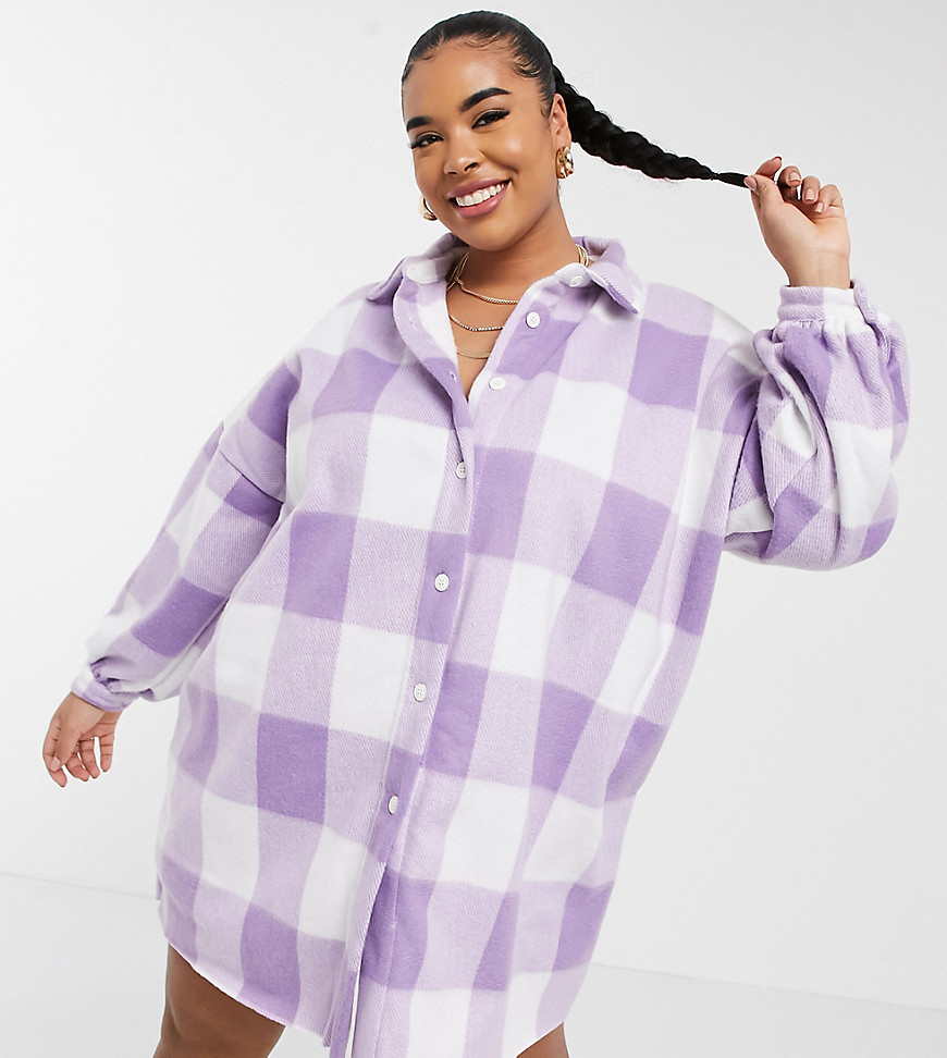 ASOS DESIGN Curve mini fleece shirt dress in lilac and white check-Purple