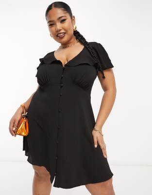 ASOS DESIGN Curve - Mini-Freizeitkleid in Schwarz mit Knöpfen und Flatterärmeln-Black