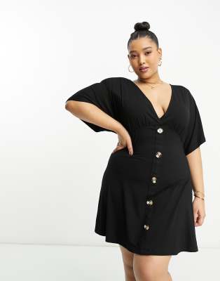 ASOS DESIGN Curve - Mini-Freizeitkleid in Schwarz mit Knöpfen und Flatterärmeln