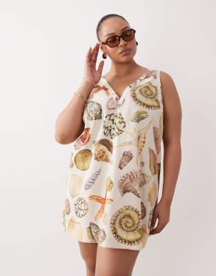 ASOS DESIGN Curve - Mini-Hängerkleid aus Baumwoll-Leinen mit Muschelmuster und V-Ausschnitt-Bunt Bunt 48
