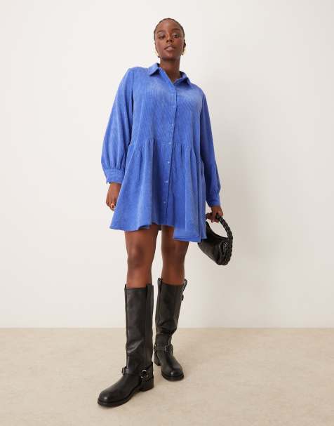 ASOS DESIGN Curve – Mini-Hängerkleid aus Cord in Meerblau mit Schößchensaum - view 1