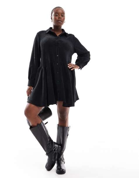 ASOS DESIGN Curve – Mini-Hängerkleid aus Cord in Schwarz mit Schößchen - view 1