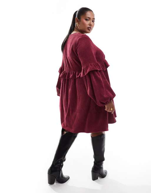 ASOS DESIGN Curve – Mini-Hängerkleid aus Cord in Weinrot mit Rüschen, 3 von 4